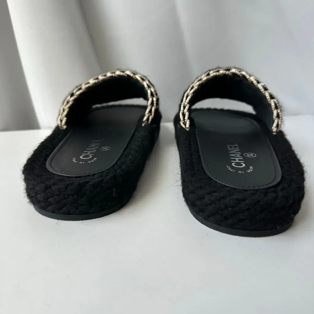 NIB! Chanel (39/8-8.5 US) Interlocking CC Logo Braided Slide Sandals- Black/Gold